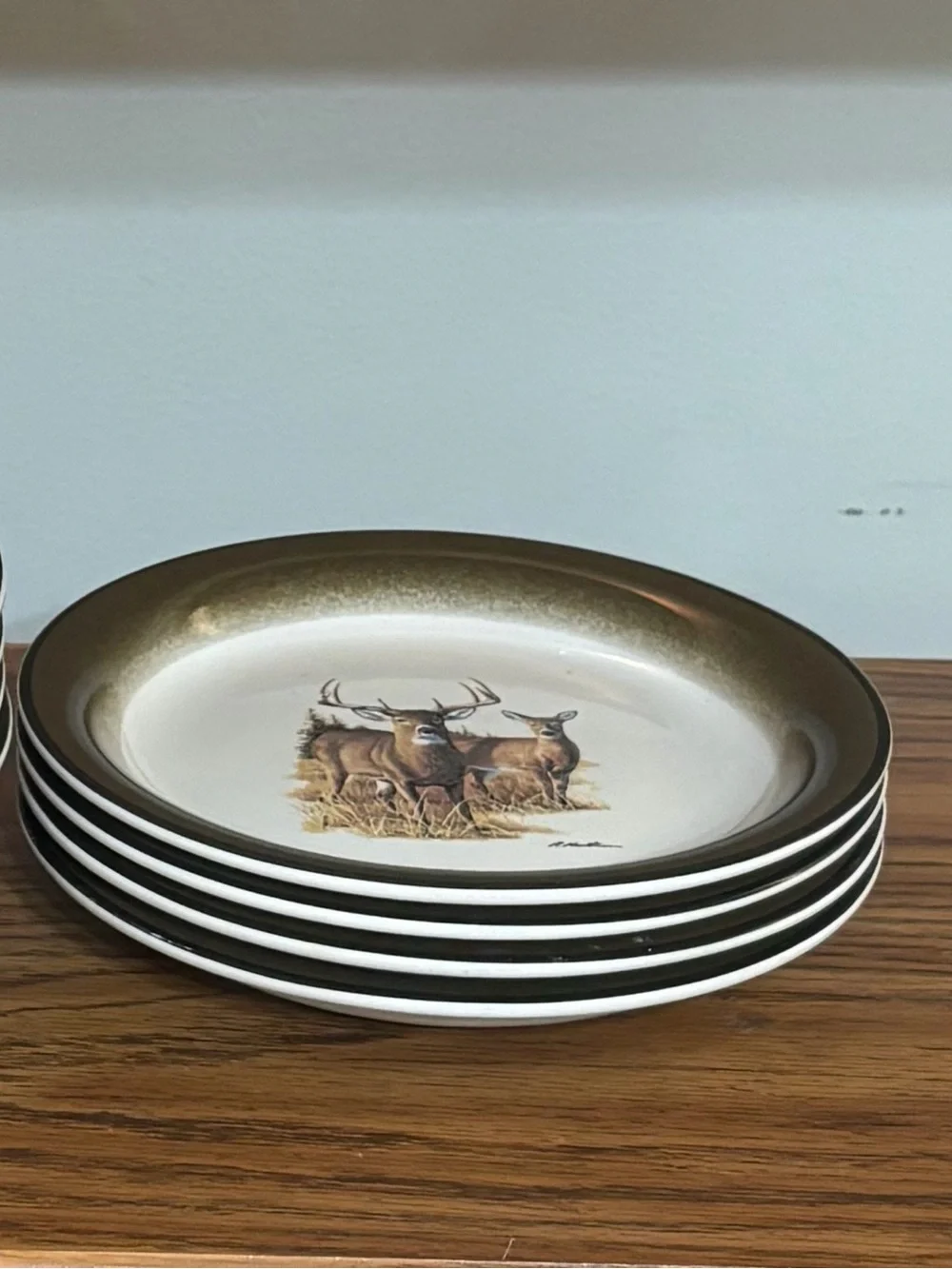 Vintage Buck Wear stoneware dinner plates and bowls